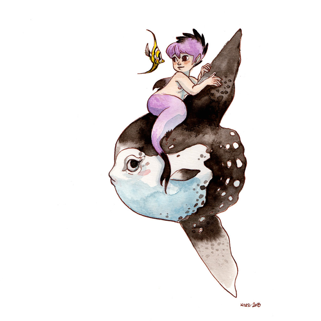 Aquarelle poisson lune et sirène