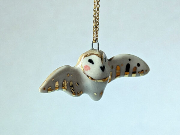 Barn Owl pendant - Ceramics + Gold - Wings - Image 5