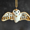 cute handmade porcelain barn owl pendant with wings out and gold