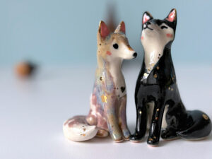 adorable fox couple porcelain figurine set