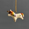 adorable porcelain pendant unicorn with rainbow mane and tail, gold, handmade, one of a kind by kness