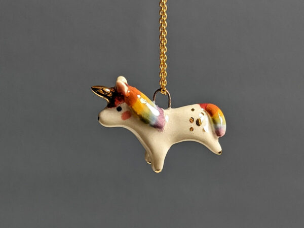 adorable porcelain pendant unicorn with rainbow mane and tail, gold, handmade, one of a kind by kness