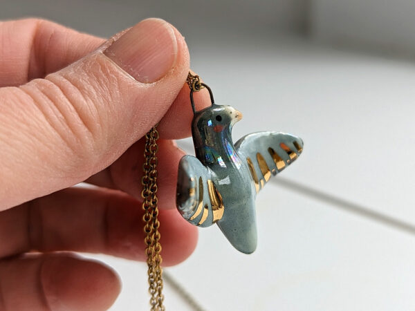 porcelain pigeon pendant handmade and cute with pearl and gold