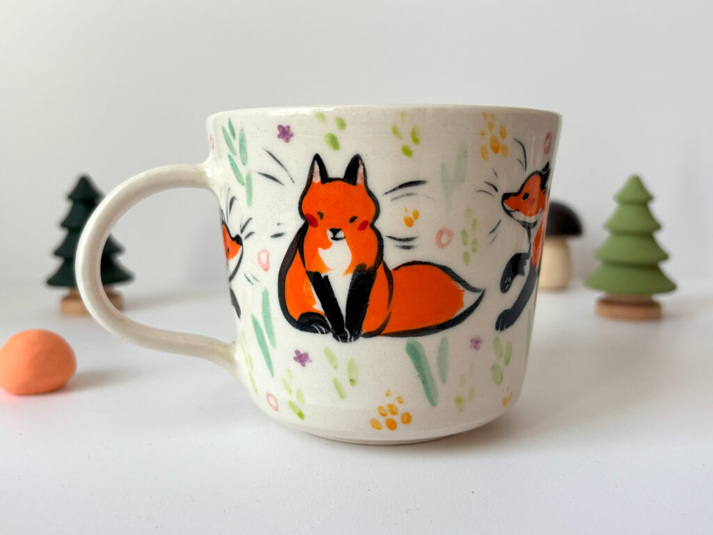 cute red fox family handmade ceramic mug by kness canadian potter