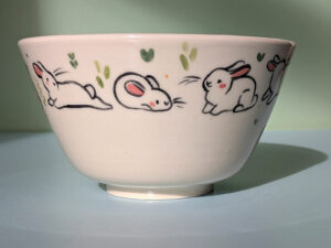 adorable white bunnies bowl porcelain handmade