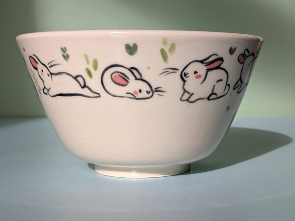 adorable white bunnies bowl porcelain handmade