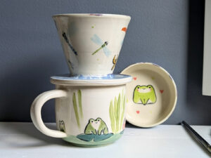 adorable frog and dragonflies pour-over set for coffee by kness