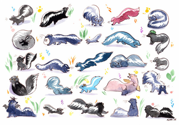 27 striped skunks watercolor