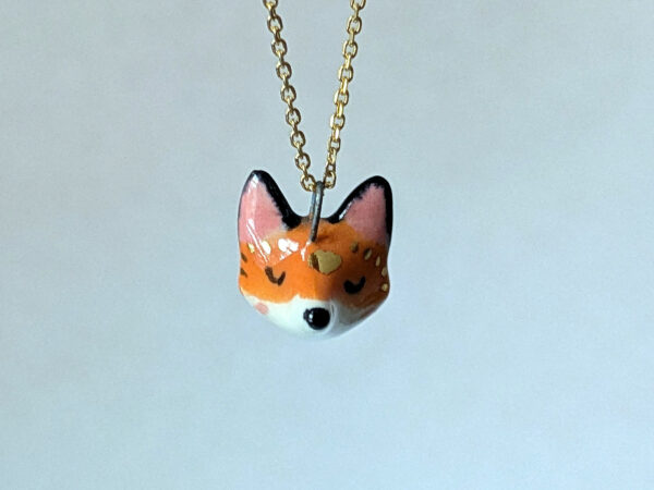 cute fox portrait pendant with gold, handmade by kness