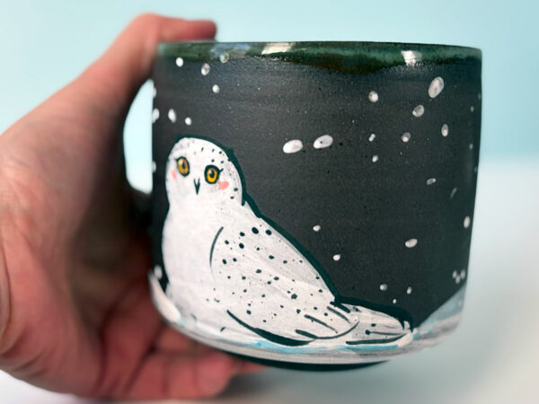 black cup snowy owl handmade cute