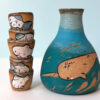 ceramic sake set illustrated with a narwhal, cute one of a kind and handmade