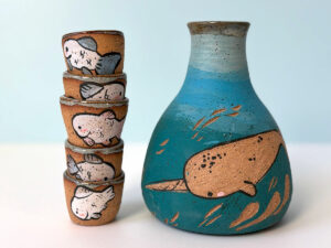 ceramic sake set illustrated with a narwhal, cute one of a kind and handmade