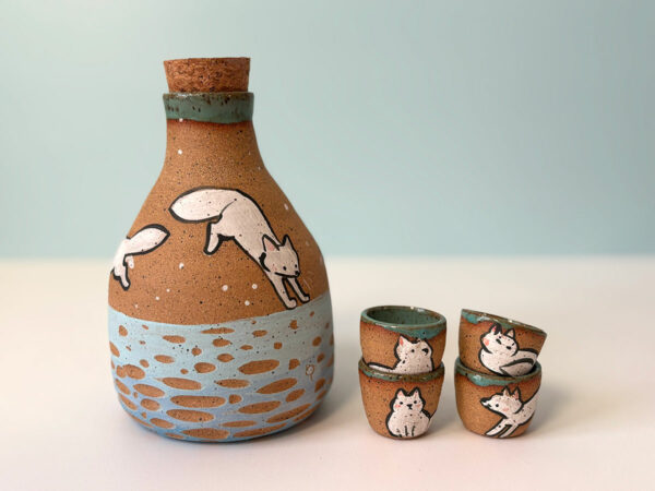 one o fa kind collectible handmade ceramic sake set painted with white foxes